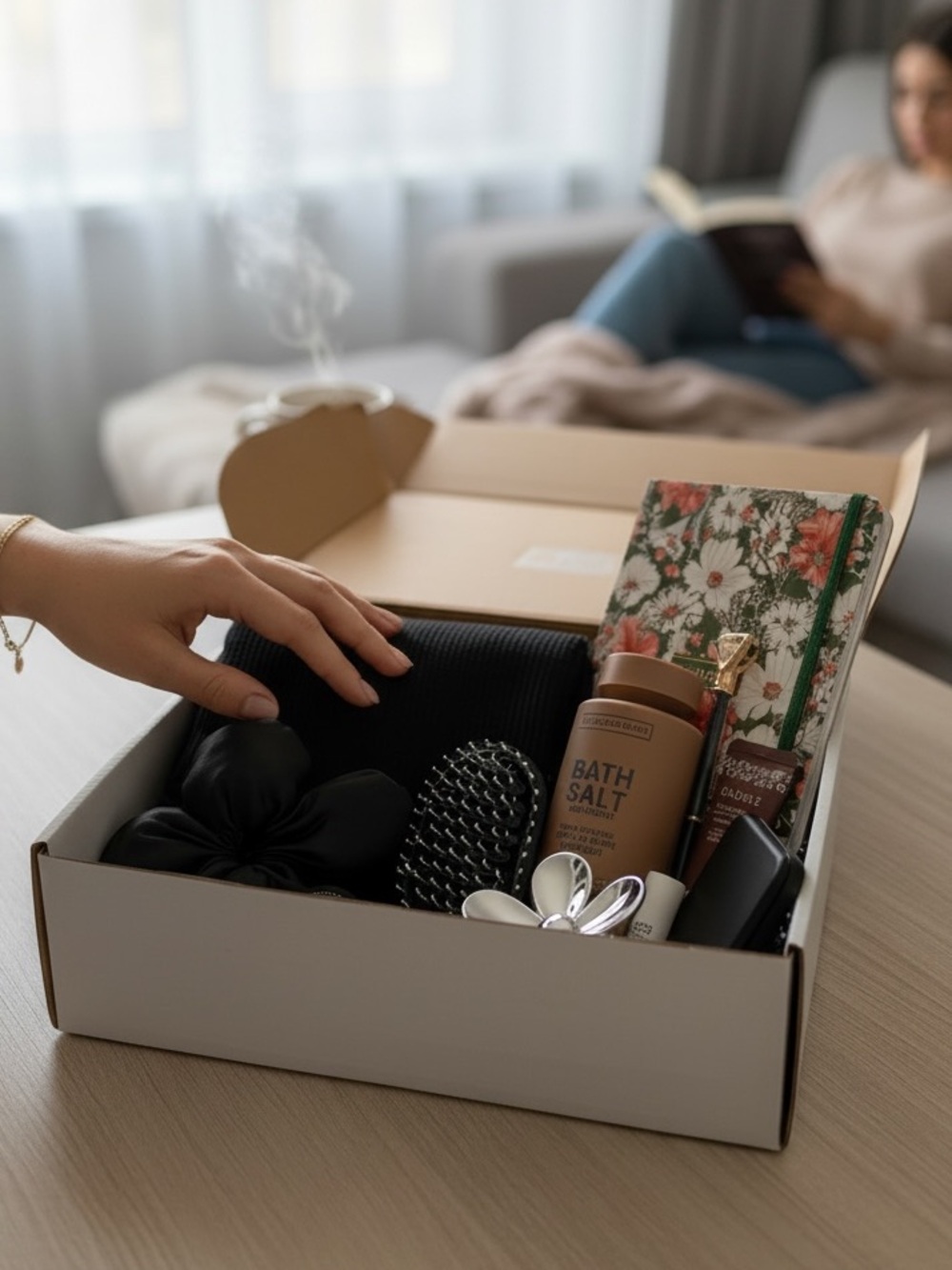 Spa Gift Box with Floral Notebook & Bath Salt - Black & Floral